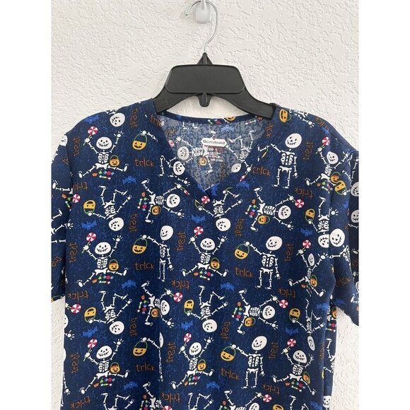 Halloween Scrub Top Scrubaid Women’s‎ M (10-12) Trick Or Treat Skeletons Blue - Picture 3 of 9